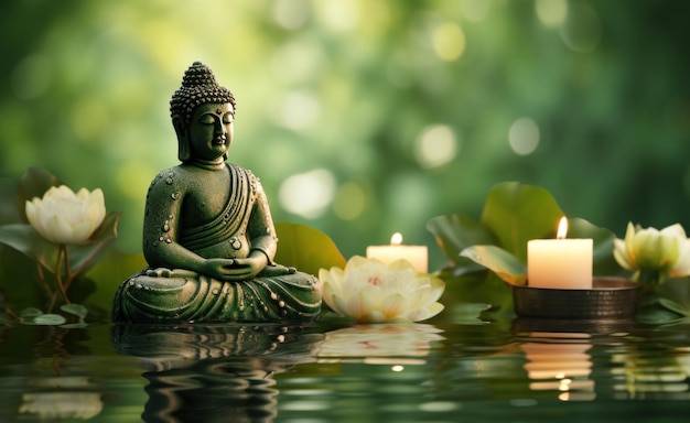 Photo buddha and statue in meditation with candles in front of lotus blossom and bamboo background