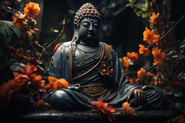 Buddha statue in meditation with plants and flowers generative IA