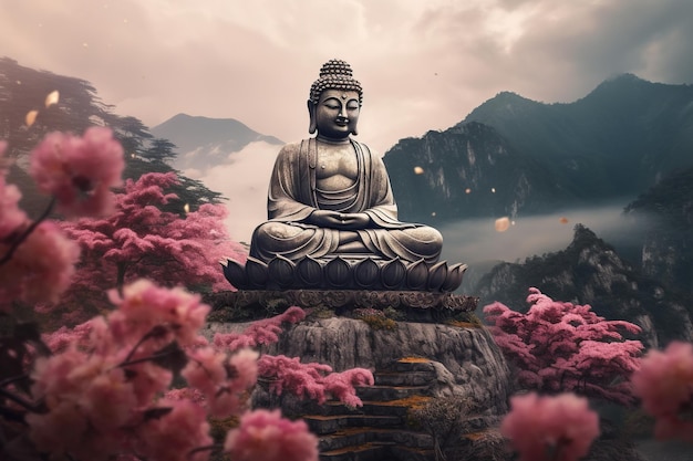 Buddha statue in the mountains with lotus flowers natural lighting natural environment