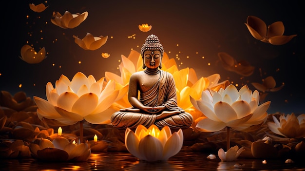 Photo buddha statue in the night among lotuses generative ai