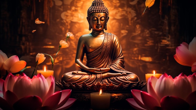 Buddha statue in the night among lotuses Generative AI