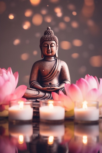 Статуя Будды среди розовых водяных лилий, цветов лотоса и свечей.