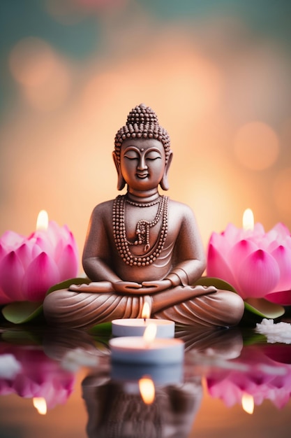 Статуя Будды среди розовых водяных лилий, цветов лотоса и свечей.