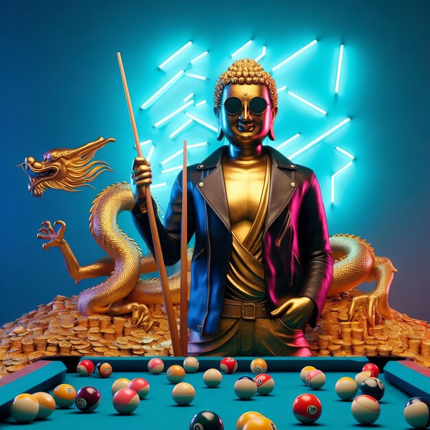Buddha statue playing billiards in a casino 3d rendering