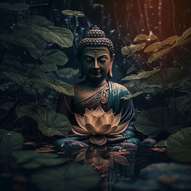 A buddha statue in a pond with leaves and the word buddha on it