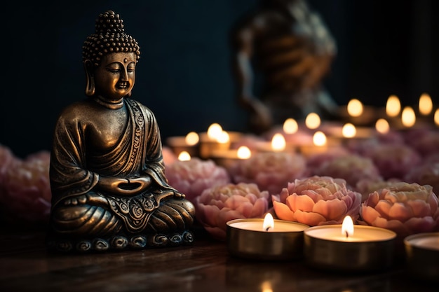 A buddha statue sits in front of candles with candles in the background.