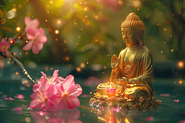 Foto una statua di buddha si siede di fronte a un fiore con il riflesso del sole dietro di esso