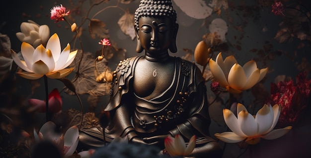 A buddha statue sits in front of flowers.