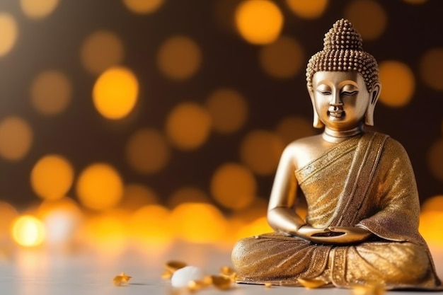 A buddha statue sits in front of a gold background with bokeh lights.