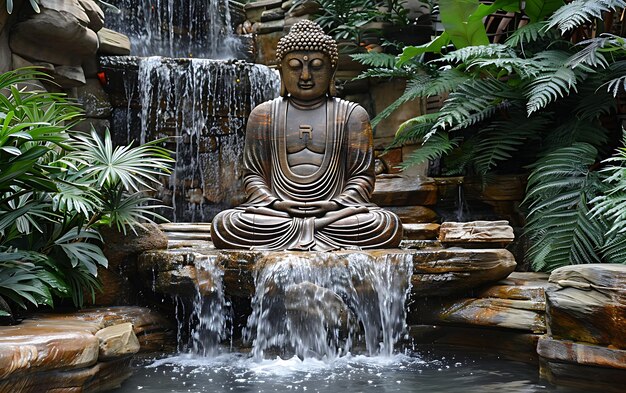 Photo a buddha statue sits in front of a waterfall in a garden