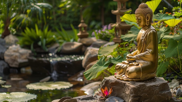 a buddha statue sits in a garden surrounded by statues