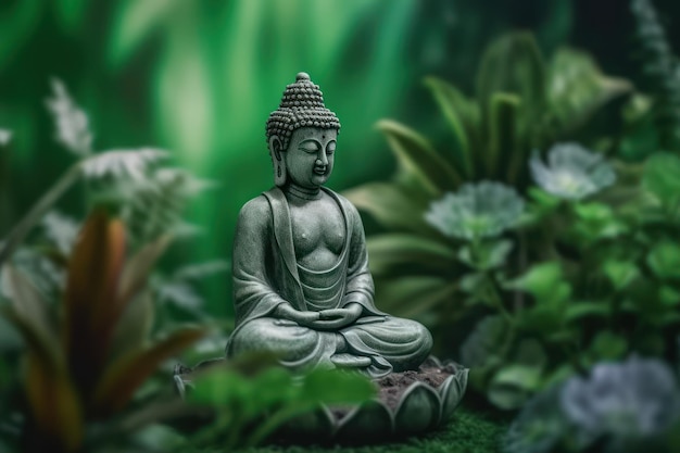 A buddha statue sits in a garden with plants in the background.