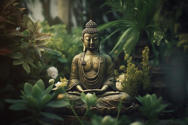 Статуя будды сидит в саду с растениями и растениями.