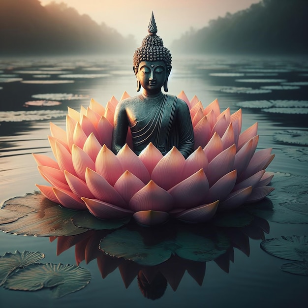 Photo buddha statue sits in lotus position with lotus flowers in the background