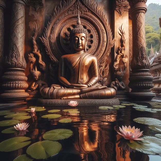 Photo buddha statue sits in lotus position with lotus flowers in the background