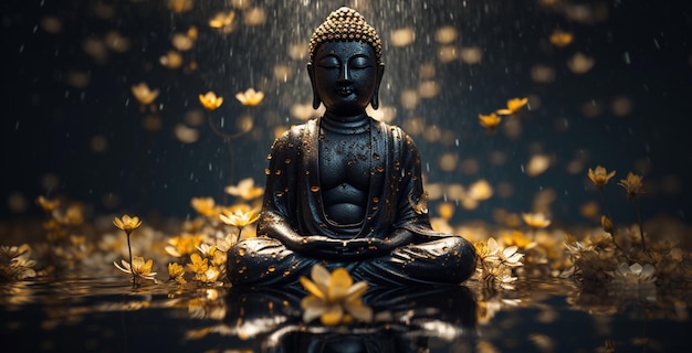 A buddha statue sits in a pool of gold leaves.
