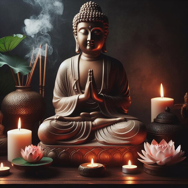 a buddha statue sits on a table with candles and louts flowers