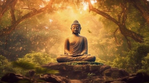 Buddha statue sitting on a rock in a forest with trees generative ai