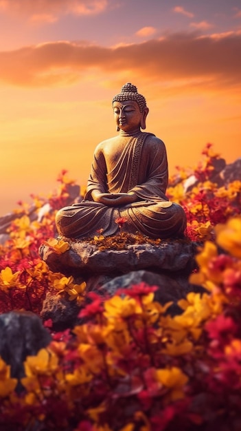 Buddha statue sitting on a rock surrounded by flowers at sunset generative ai