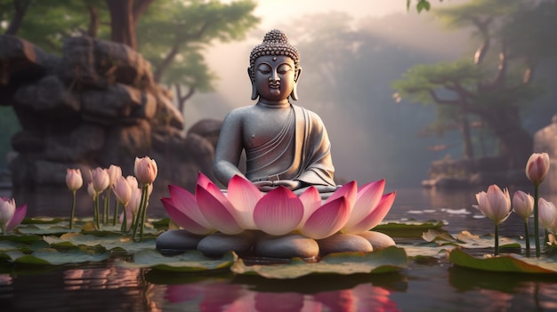 A buddha statue sitting on top of a lily covered pond