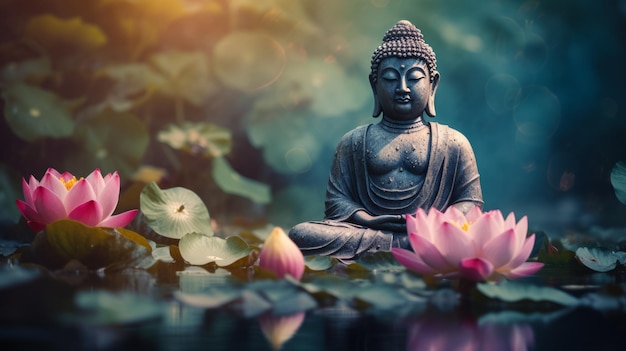 A buddha statue sitting on top of a lush green field