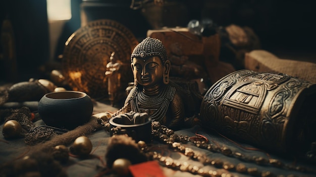 Foto statua di buddha seduta su un tavolo di legno