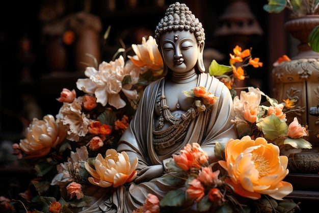 Premium AI Image | Buddha statue surrounded by flowers in the temple