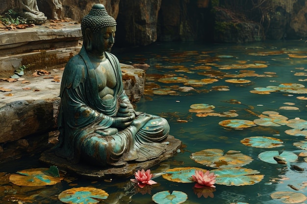 A Buddha statue surrounded by lotusfilled water