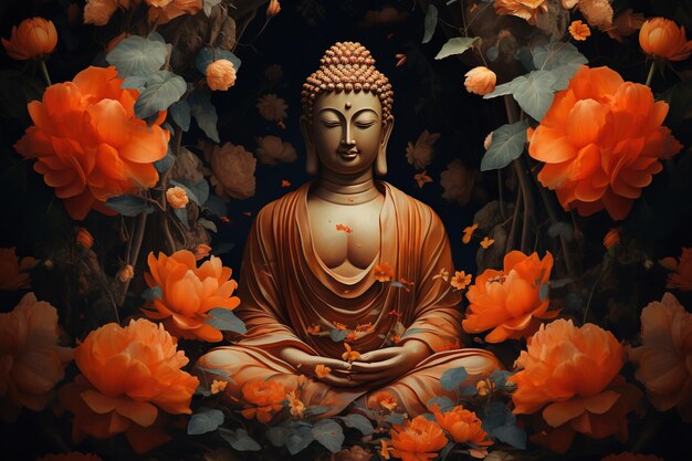 Buddha statue surrounded by orange flowers on a black background