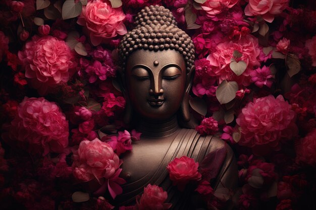 Buddha statue surrounded by pink peony flowers on dark background