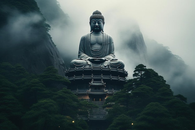 Buddha statue on the top of mountain in misty morning