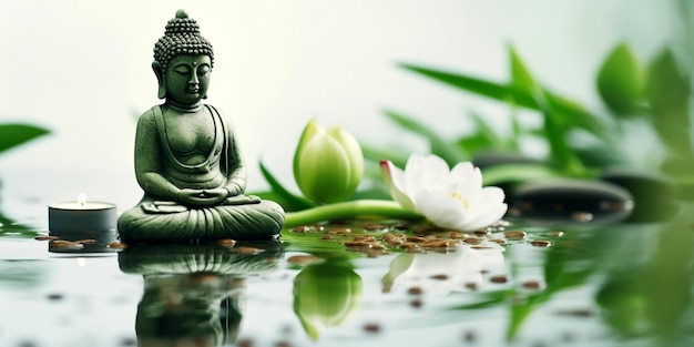 Статуя Будды водяной лотос будда возле цветка лотоса на зеленом фоне