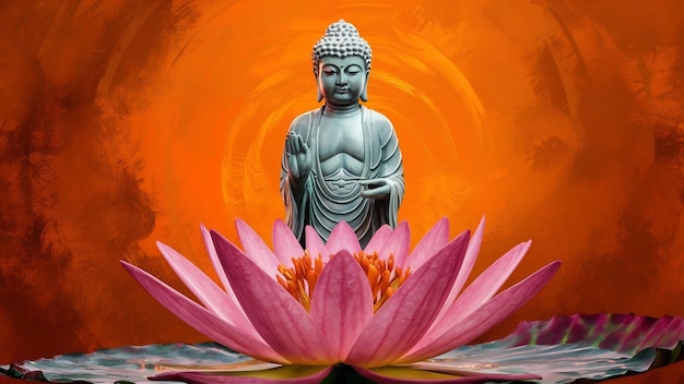 Статуя Будды водяной лотос Будда стоит на цвете лотоса на оранжевом фоне