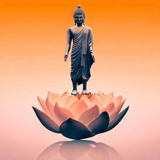 Buddha statue water lotus Buddha standing on lotus flower on orange background