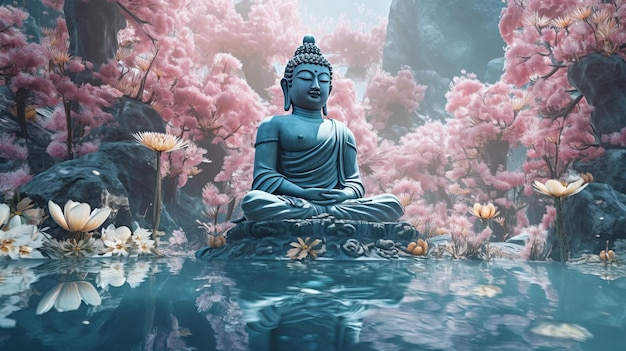 Buddha statue in the water with lotuses flowers Generative ai