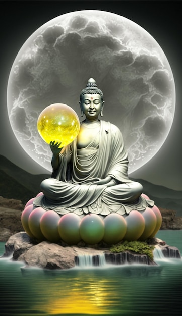 Фото Статуя будды с полной луной за ней