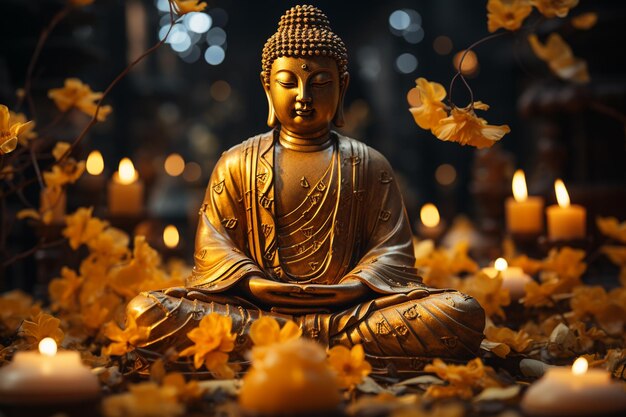 Buddha statue with autumn leaves in the park closeupgenerative ai