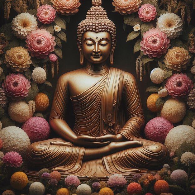 Buddha statue with blooming flowers