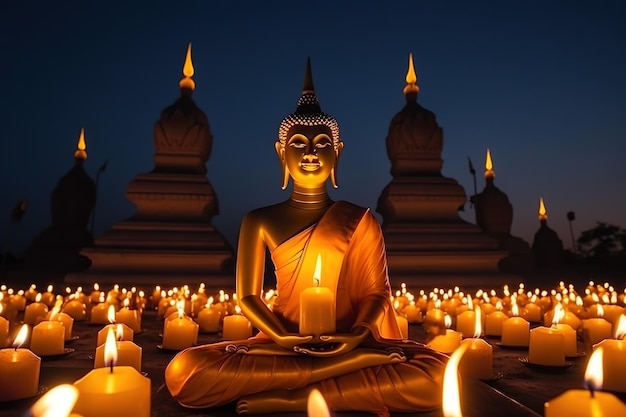 Buddha statue with candles around and blurred temple on the background generative ai