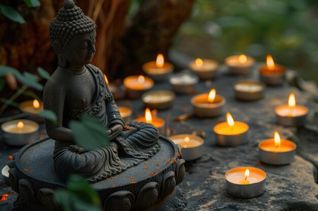 Buddha Statue With Candles In Natural Background