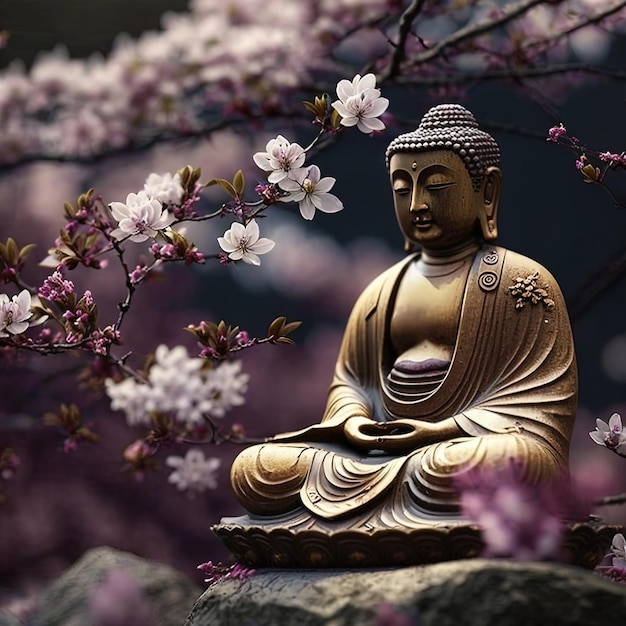 Buddha statue with cherry blossom Mediation and zen concept Generative AI illustration of golden statue of Buddha at zen garden