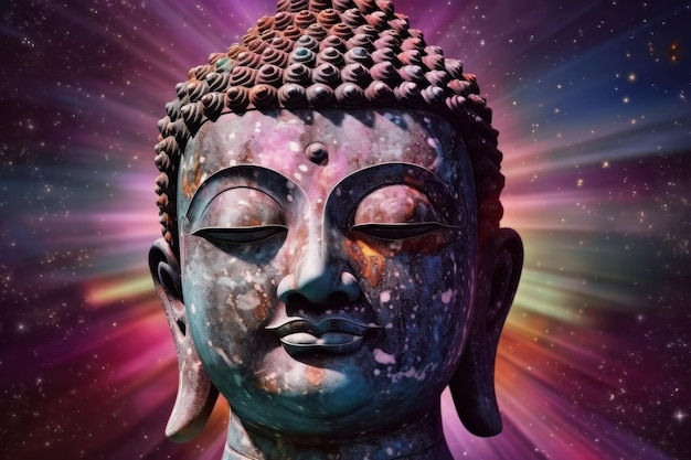 A buddha statue with a colorful background and the words buddha on it.