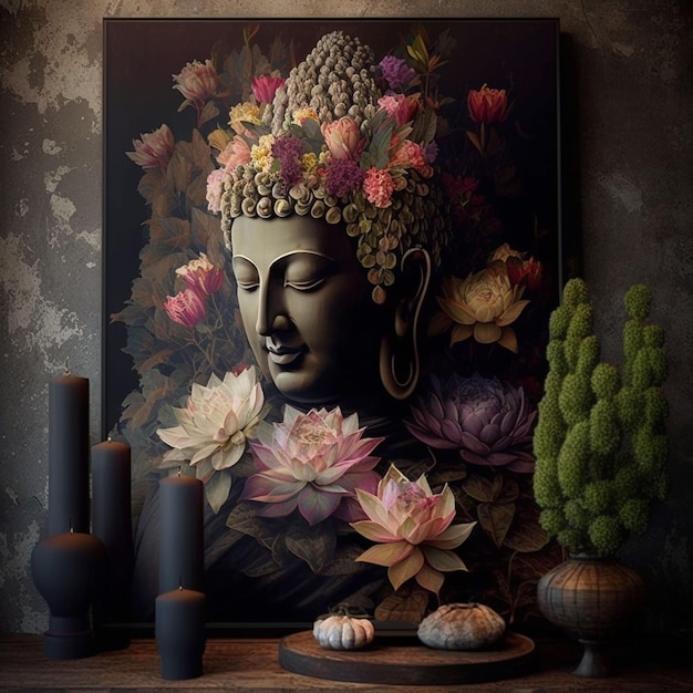 buddha statue with colourful flowers ai genrative