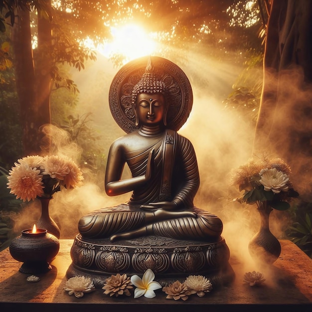 a buddha statue with flowers and candles in the background