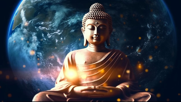 Buddha statue with a glowing light in the background happy buddha purnima