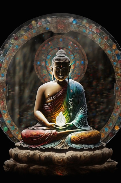 A buddha statue with a glowing light in the center.