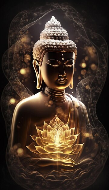 Buddha statue with glowing lotus flower in front of a dark background generative ai