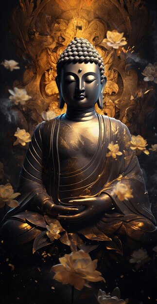 Buddha statue with golden leaves in the background generative ai