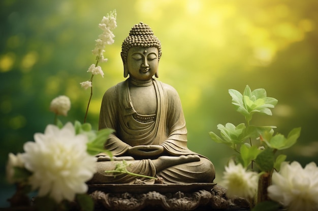 Buddha statue with green leaf and candle on nature background with AI generated