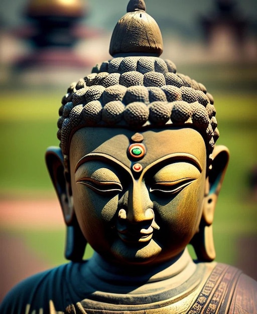 A buddha statue with green stones on the face and the word buddha on the front.